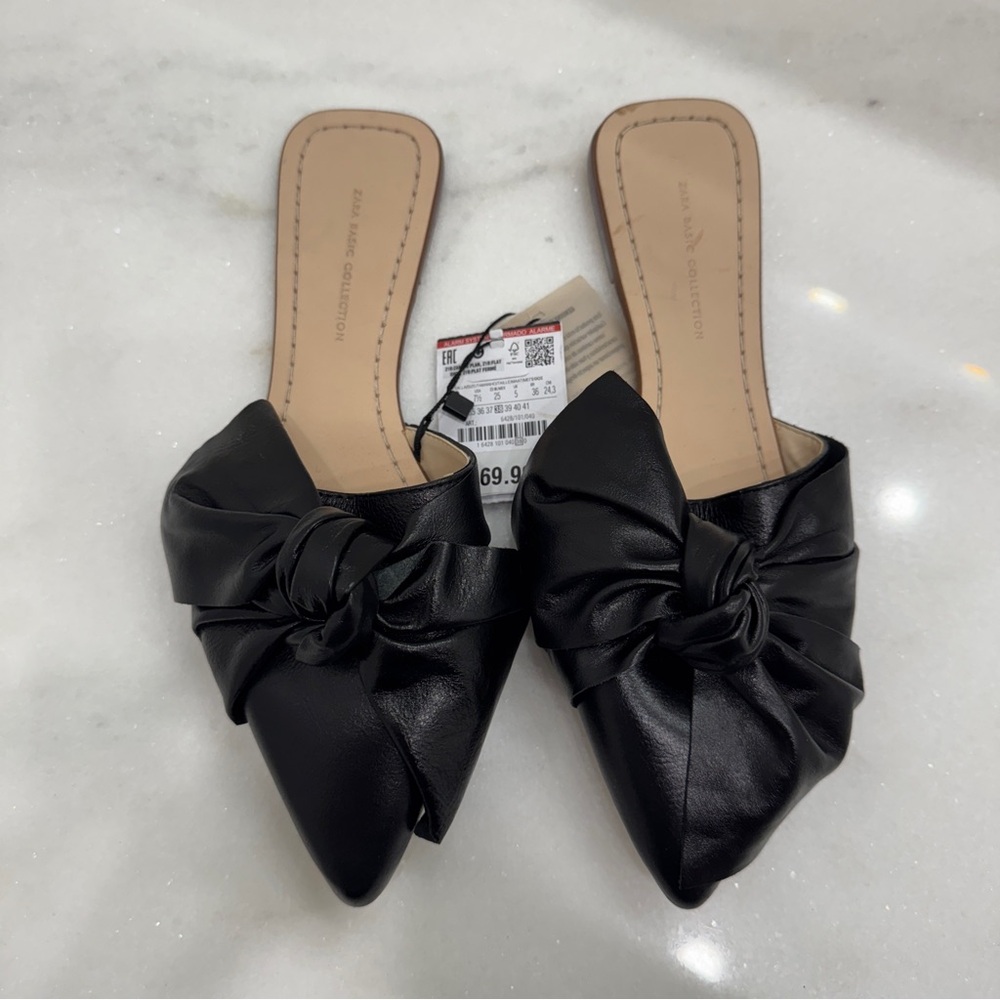 Zara Black Knotted Pointed-Toe Slide Mules